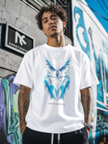 A man wearing a white short-sleeve t-shirt with a blue geometric owl graphic on the front, standing in front of a graffiti-covered wall. The brand name 'Knokturnigma' is printed below the graphic.