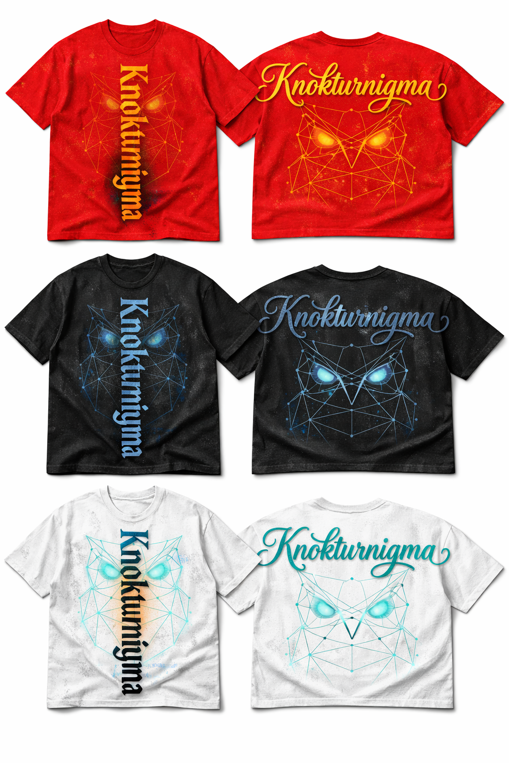  Red, black, and white t-shirts with 'Knokturnigma' snow owl brand