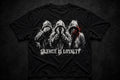 A black short-sleeve t-shirt with a graphic print of three hooded figures covering their faces, with the text 'SILENCE IS LOYALTY' in white below. The center figure is highlighted with white spray paint, and the right figure has a red paint streak.