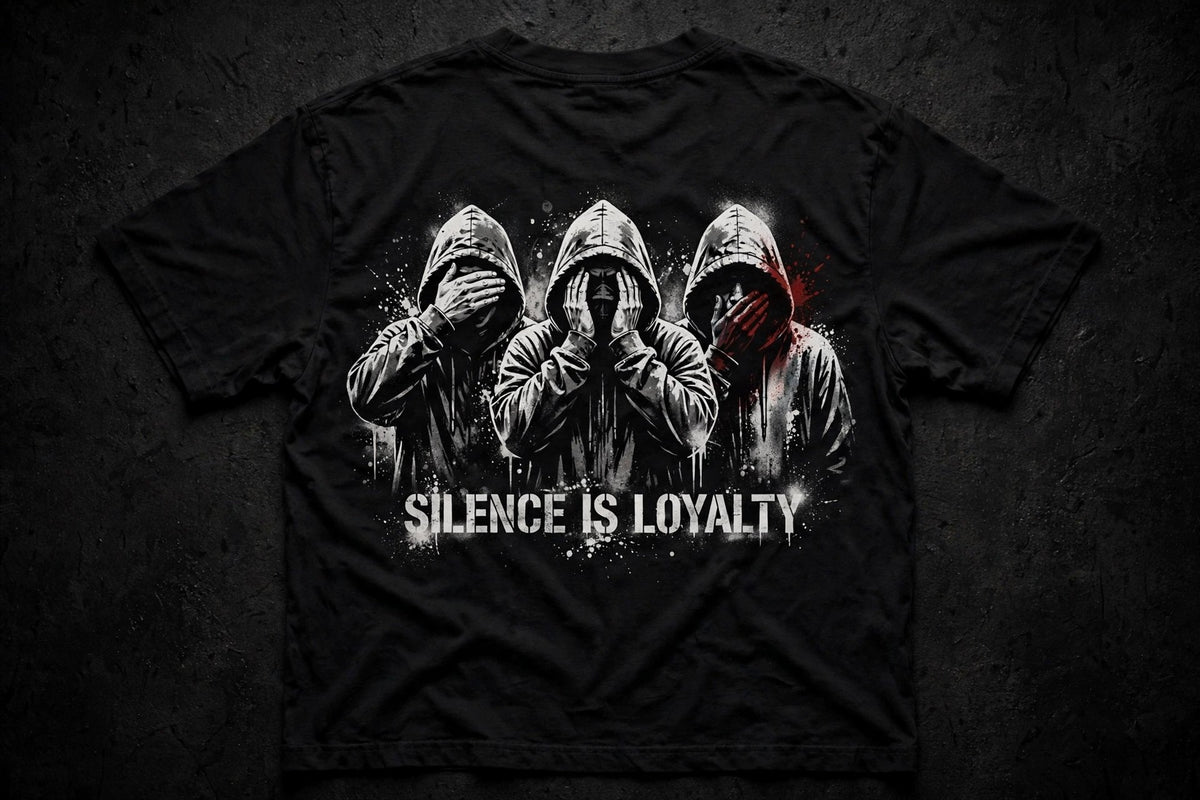 A black short-sleeve t-shirt with a graphic print of three hooded figures covering their faces, with the text 'SILENCE IS LOYALTY' in white below. The center figure is highlighted with white spray paint, and the right figure has a red paint streak.
