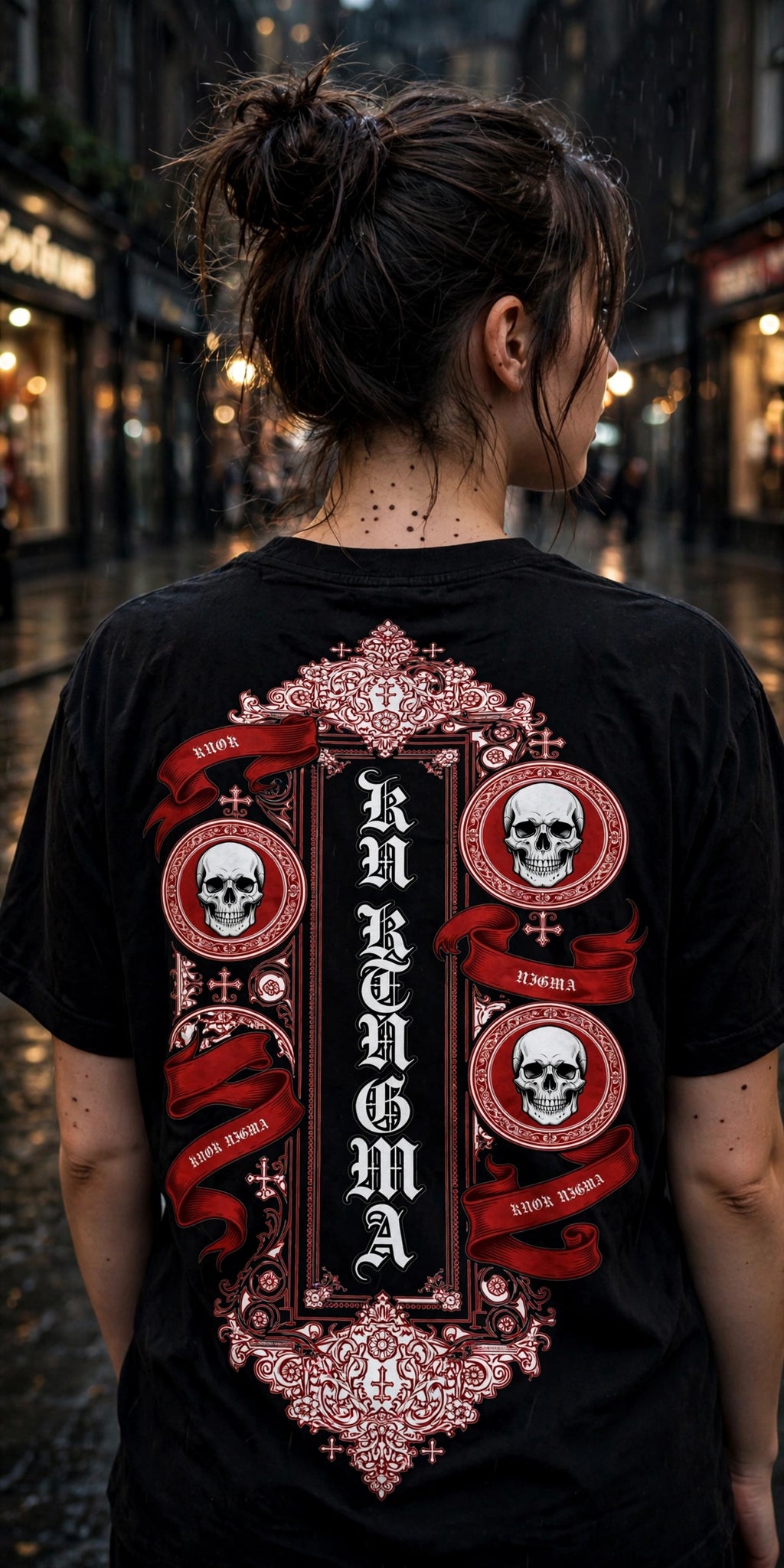 Crimson Oath Tee — model back, spine print