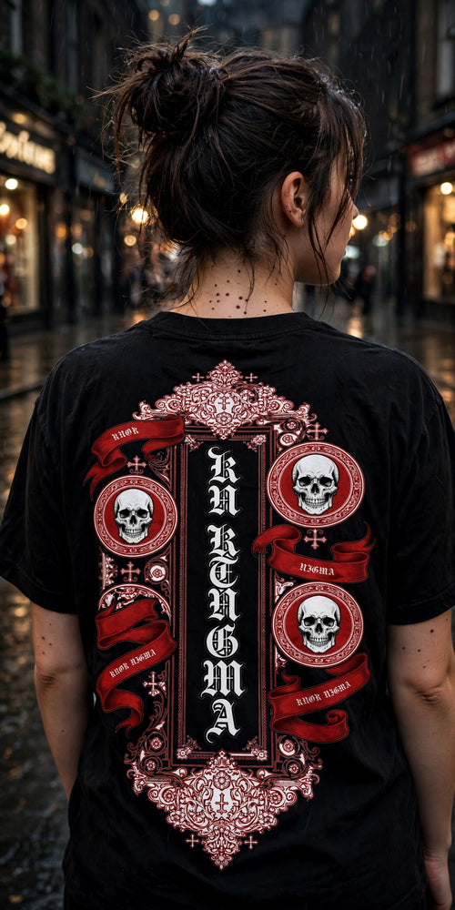 Crimson Oath Tee — model back, spine print