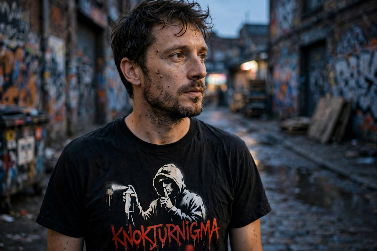 Men's/unisex black tee with a Banksy-style stencil of a hooded figure holding a dripping spray can, one finger to its lips, with a red KNOKTURNIGMA graffiti tag beneath.