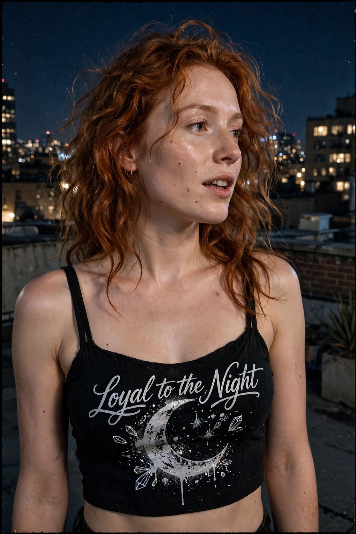 Women's black underbust crop top with a front-only print: silver cursive script reading 'Loyal to the Night' over a graffiti-splattered crescent moon with small crystal accents.