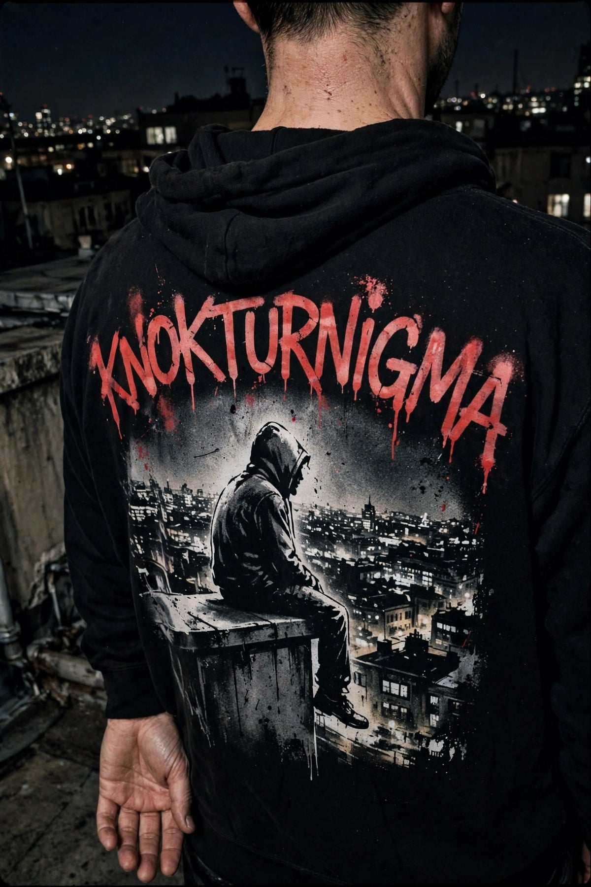 Black hoodie with a large back print of a hooded figure sitting on a rooftop ledge overlooking glowing city lights, dark graffiti stencil style, with KNOKTURNIGMA in large arched red graffiti letters across the upper back.