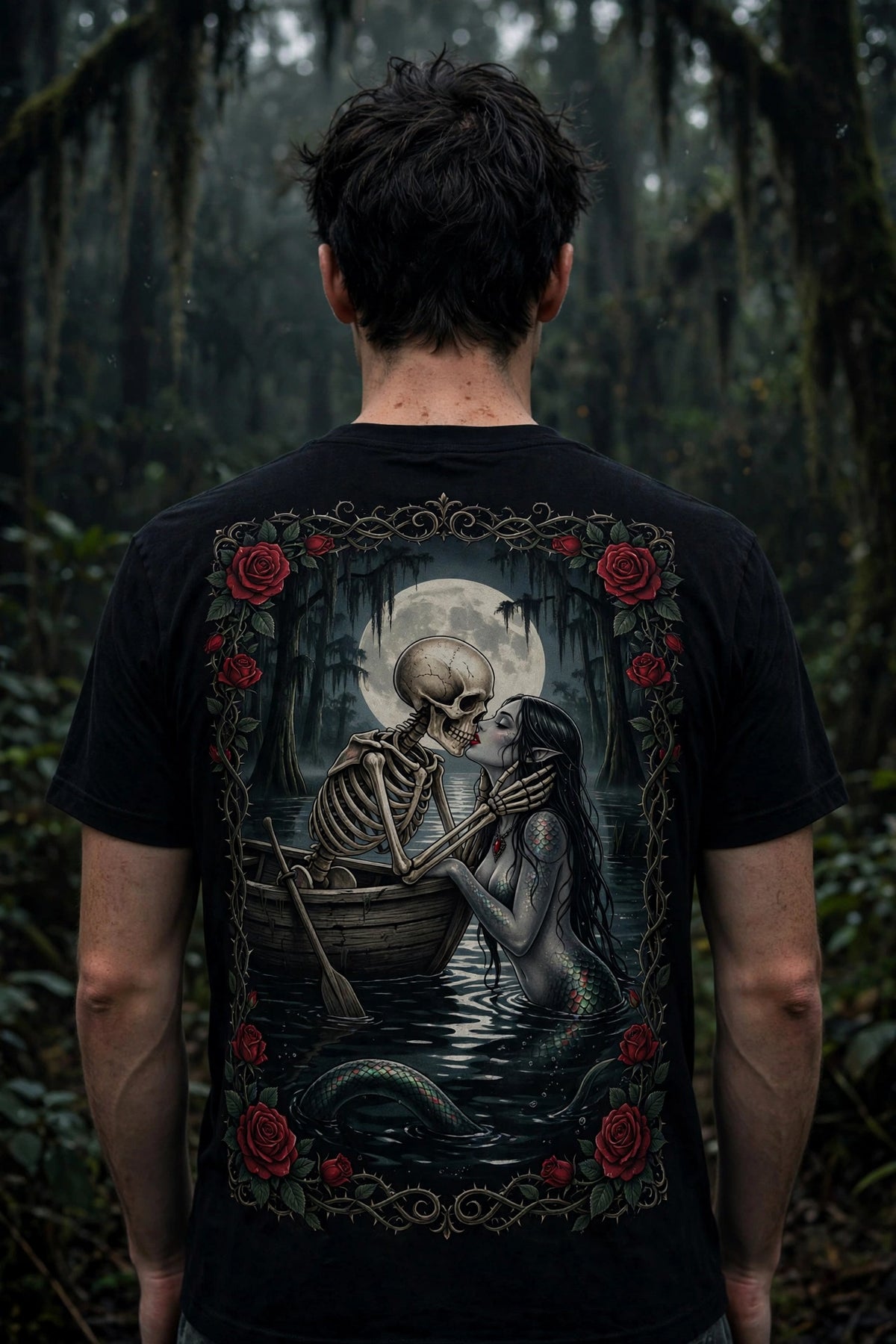 A man viewed from behind wearing a black graphic t-shirt with a large gothic illustration of a skeleton and a mermaid kissing in a boat under a full moon, set against a dark, misty forest background.