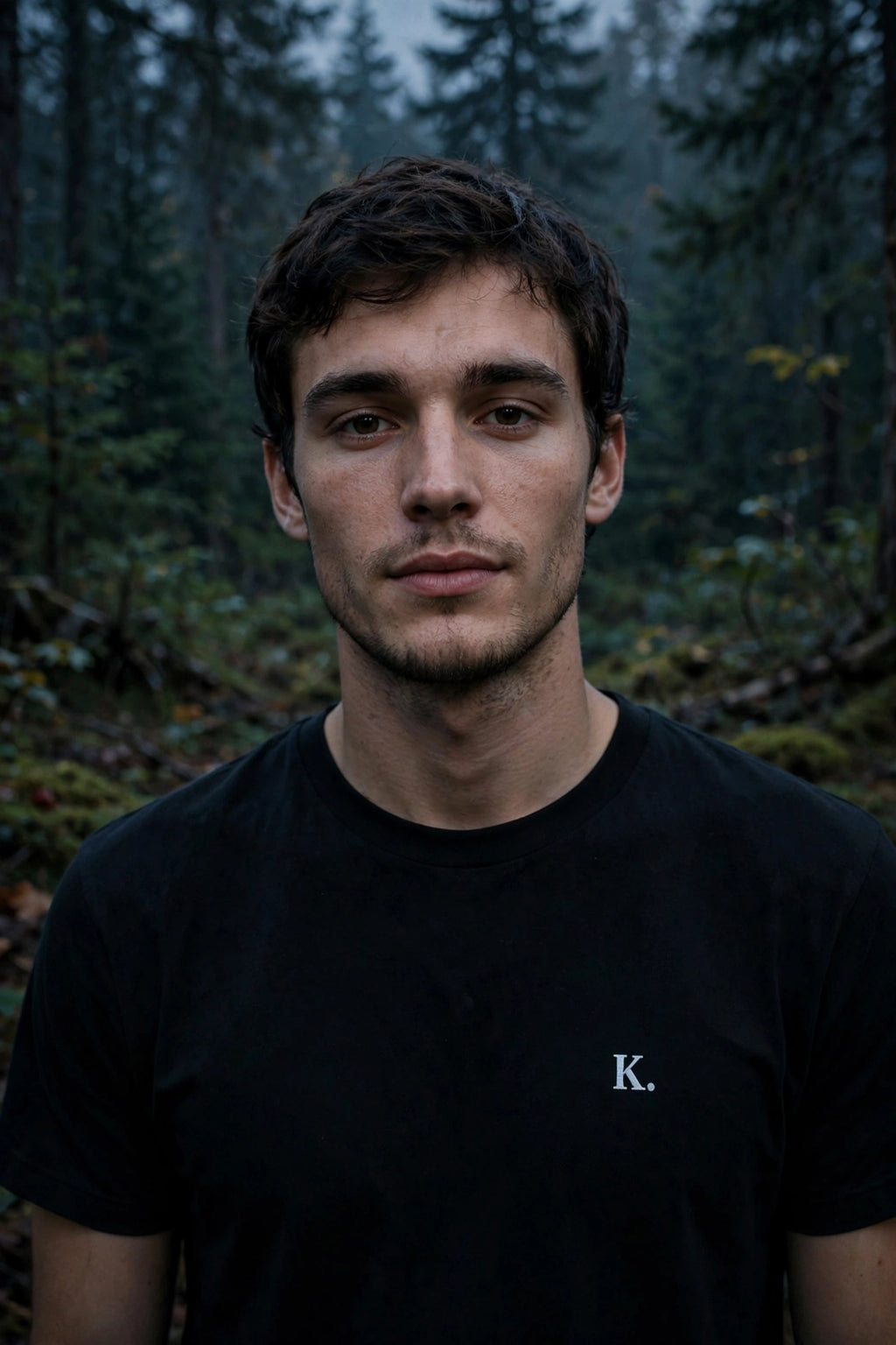 A man with short brown hair and light stubble, wearing a black crewneck t-shirt with a small white 'K.' logo on the left chest, standing in a misty, dark forest.