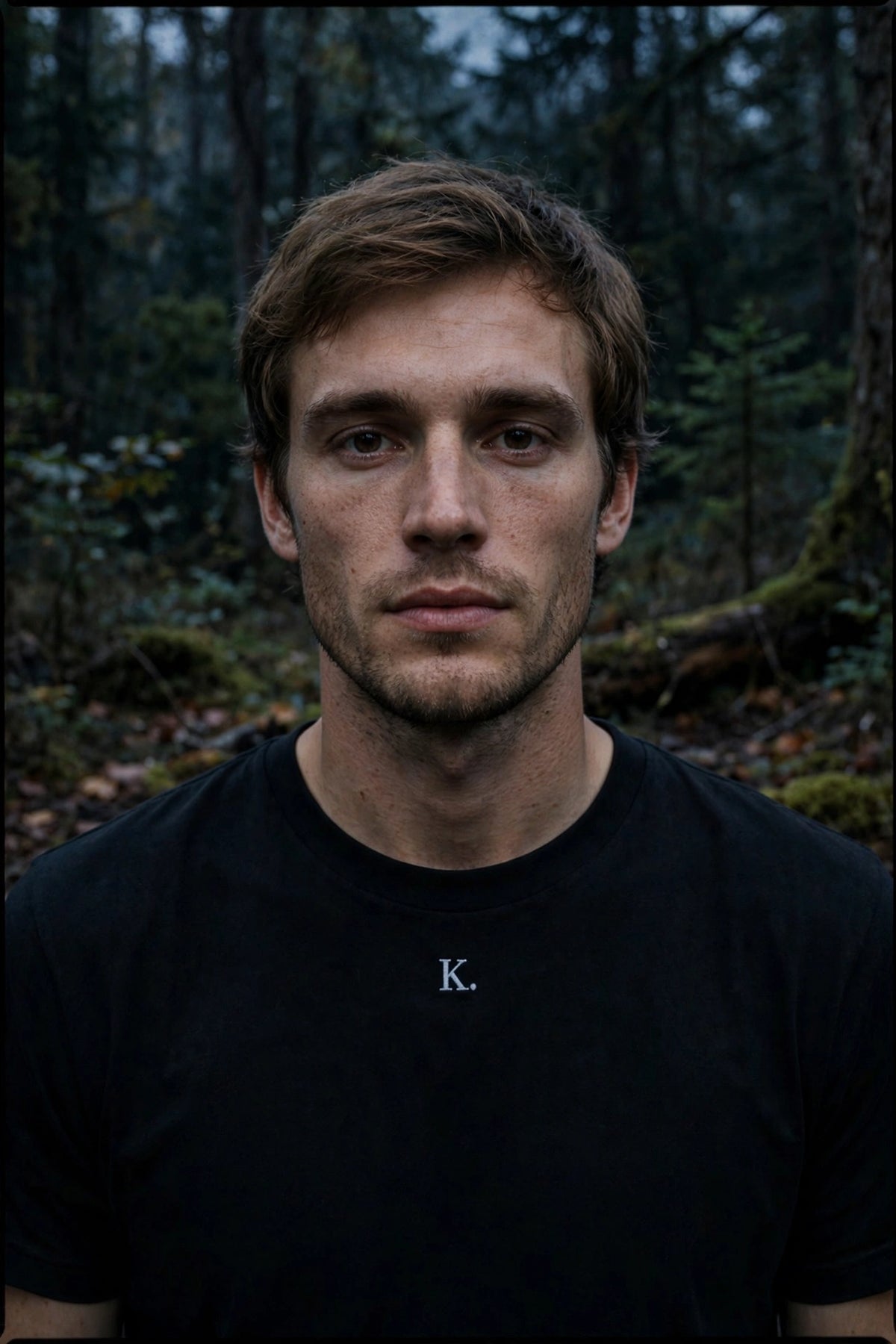 A man with short brown hair and light stubble, wearing a black t-shirt with a small white 'K.' logo on the chest, standing in a dark, misty forest.