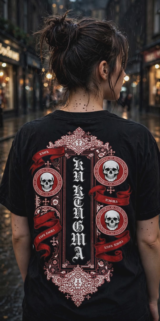 Crimson Oath Tee showcase - front and back turn